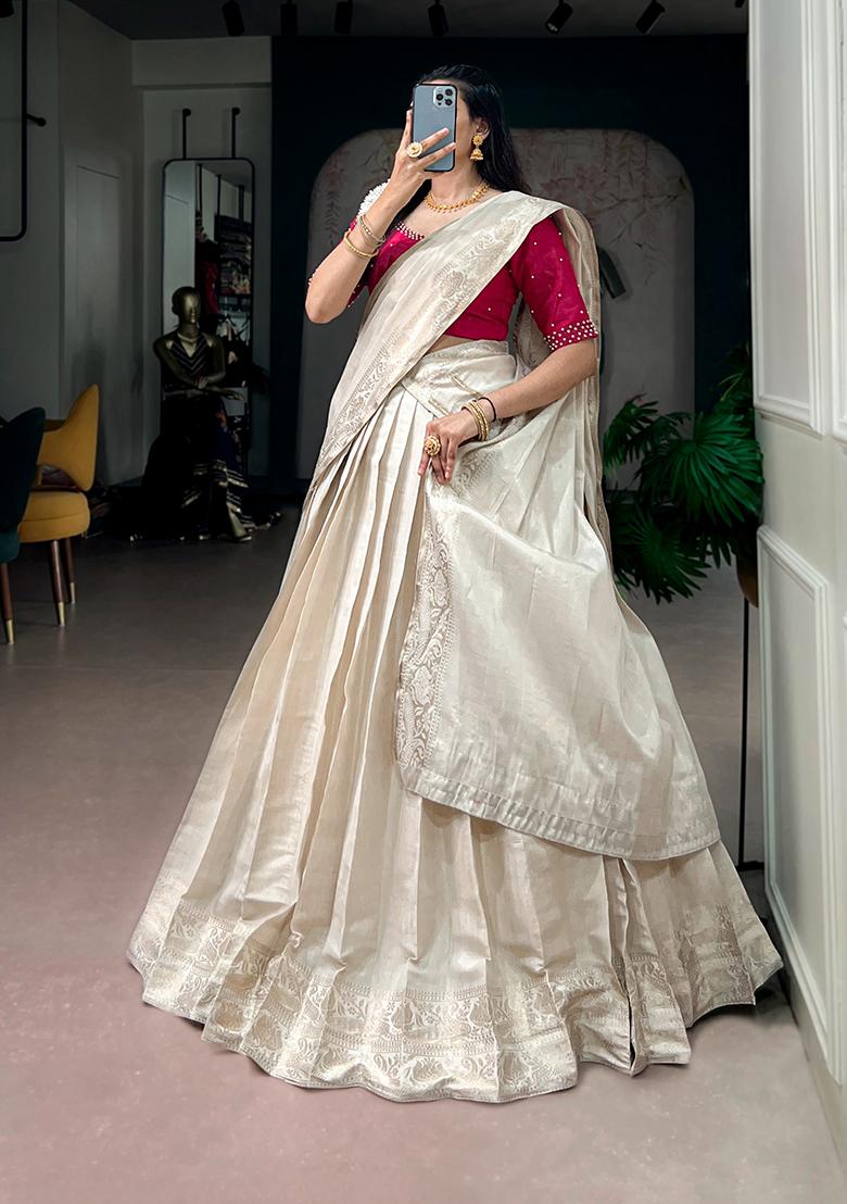 Cream Beads Work Poly Kanjivaram Lehenga Choli - Indya