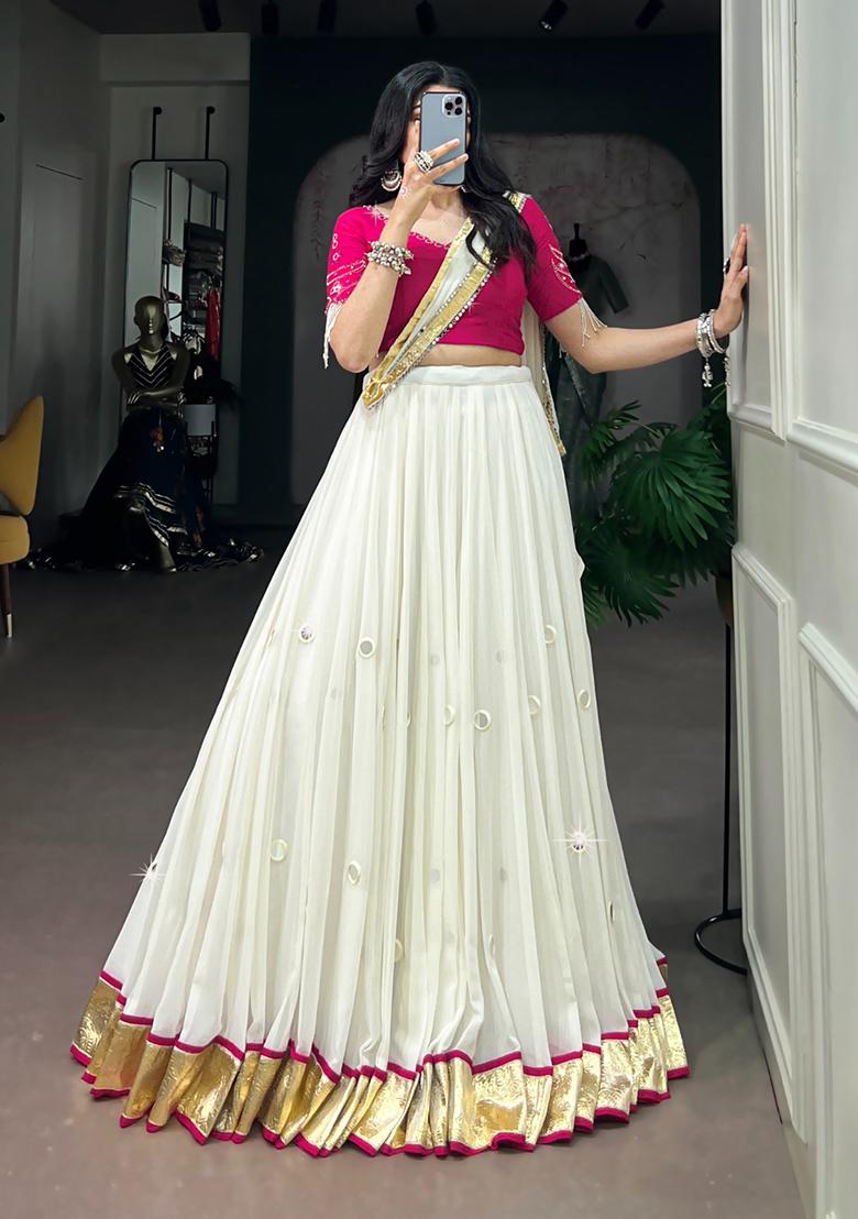 White Mirror Work Lehenga Choli - Indya