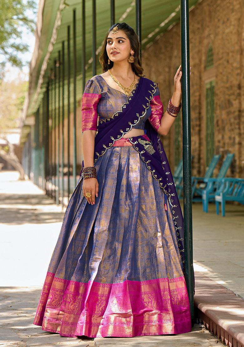 Purple Zari Work Kanjivaram Lehenga Choli - Indya