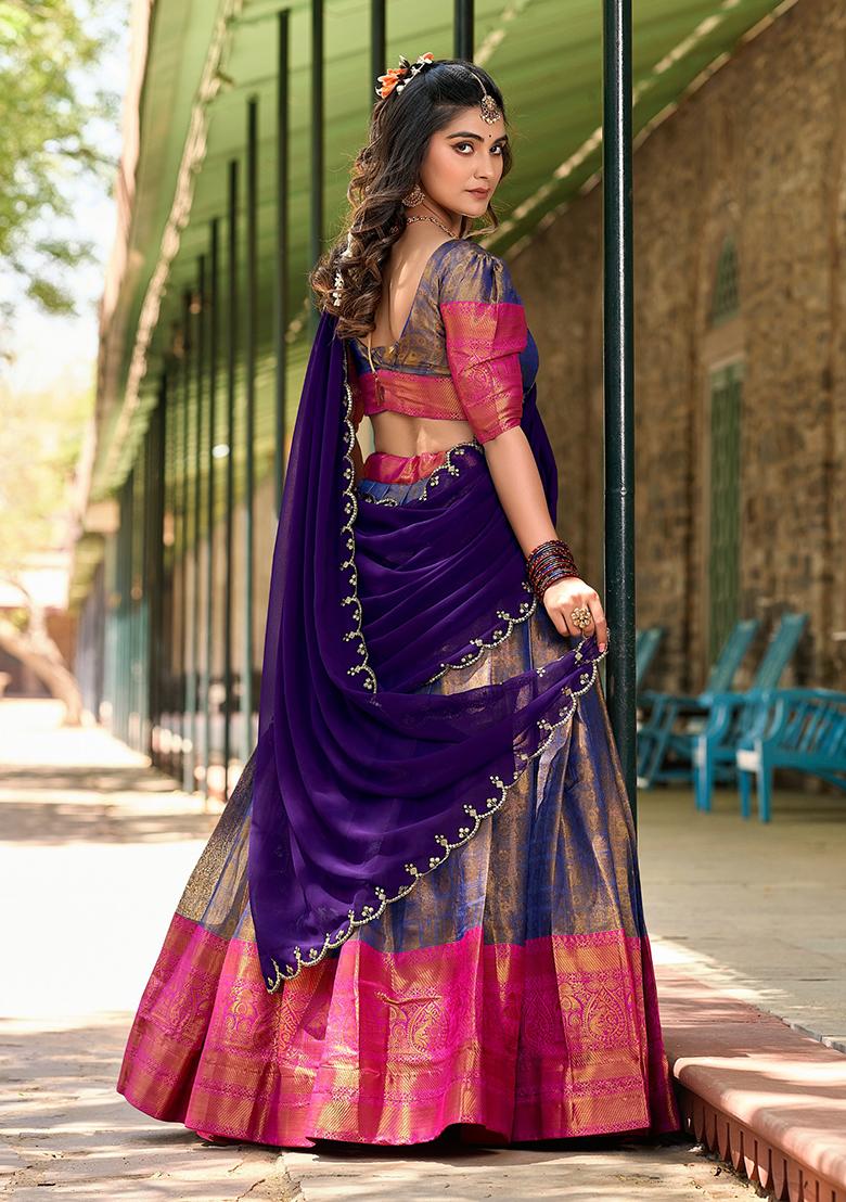 Purple Zari Work Kanjivaram Lehenga Choli - Indya