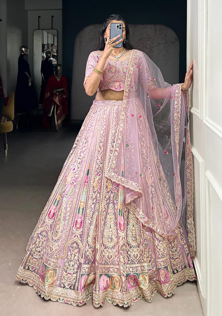 Purple Embroidery Net Lehenga Choli - Indya