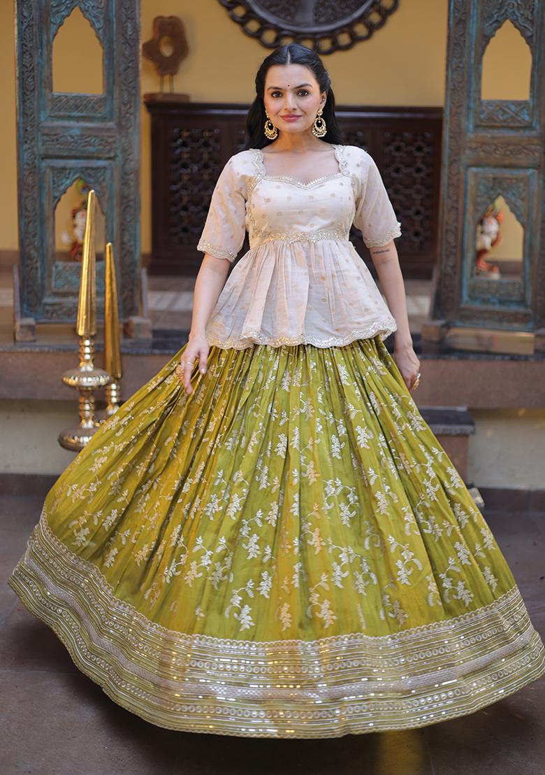 Parrot Embroidery Jacquard Lehenga Choli - Indya