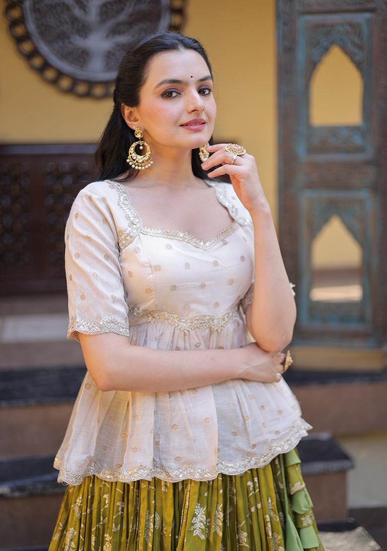 Parrot Embroidery Jacquard Lehenga Choli - Indya
