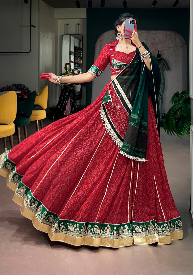 Red Printed Georgette Lehenga Choli - Indya