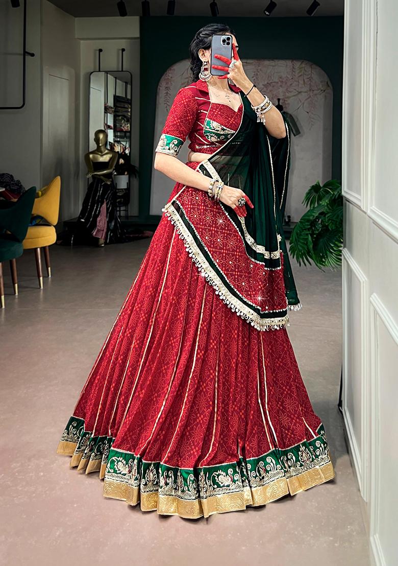 Red Printed Georgette Lehenga Choli - Indya