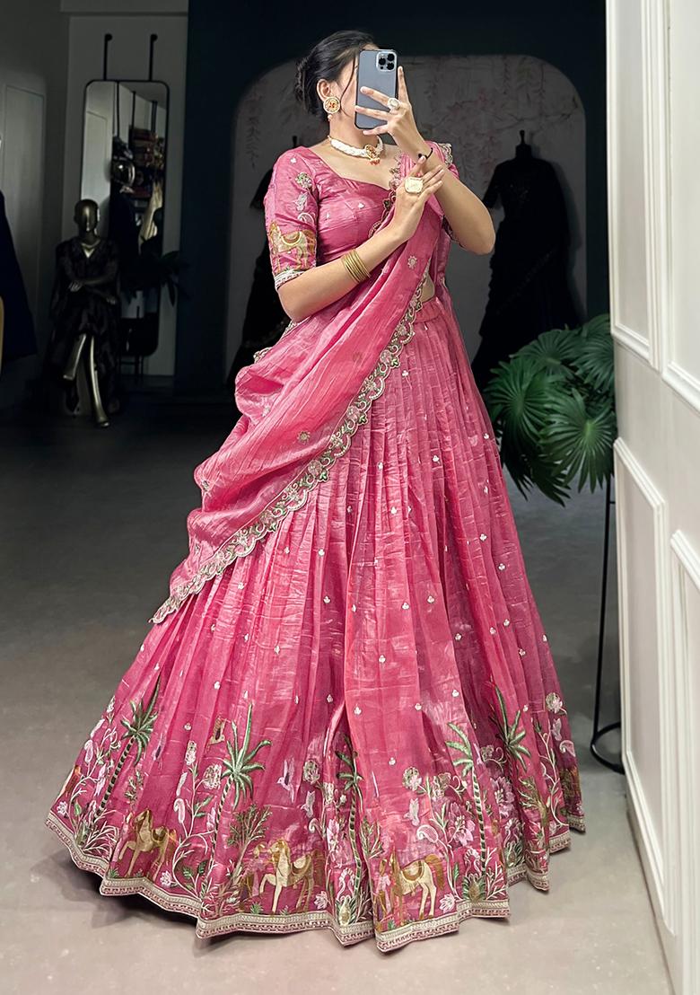 Pink Embroidery Gold Crush Lehenga Choli - Indya