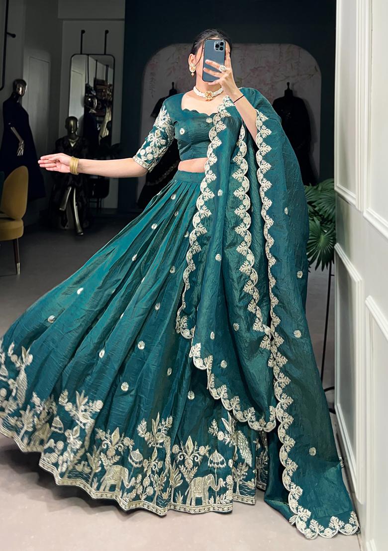 Teal Embroidery Gold Crush Lehenga Choli - Indya