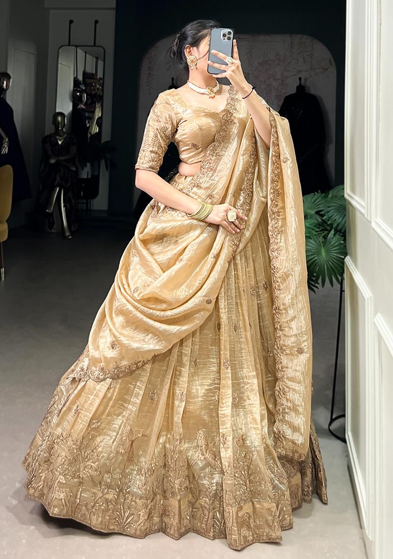 White Embroidery Gold Crush Lehenga Choli - Indya