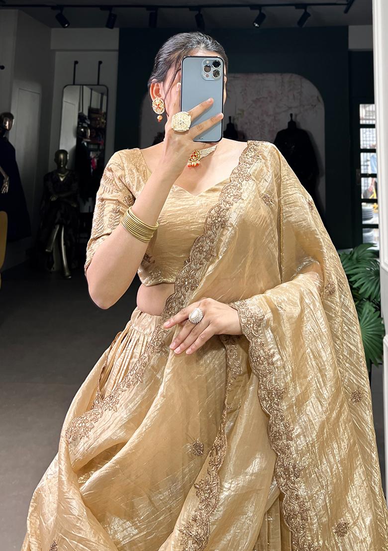White Embroidery Gold Crush Lehenga Choli - Indya