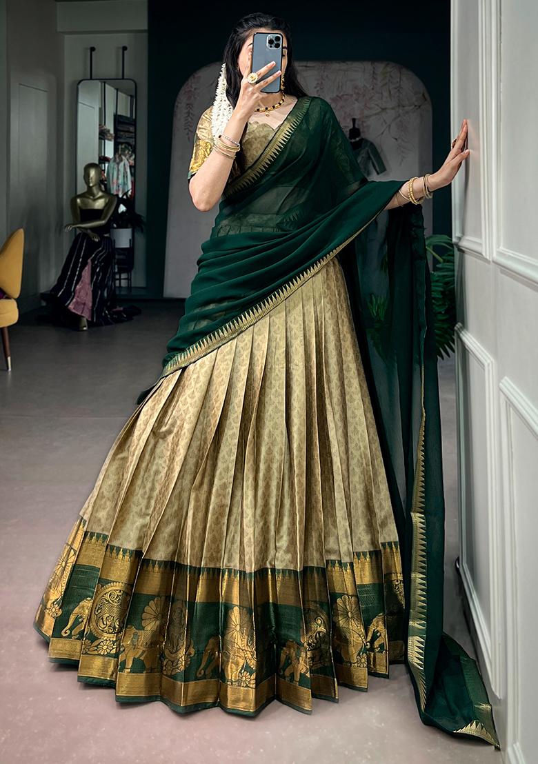 Green Zari Work Cotton Lehenga Choli - Indya