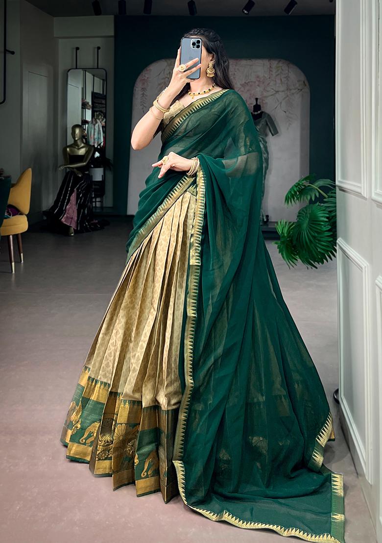 Green Zari Work Cotton Lehenga Choli - Indya