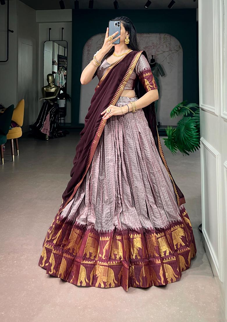 Maroon Zari Work Cotton Lehenga Choli - Indya