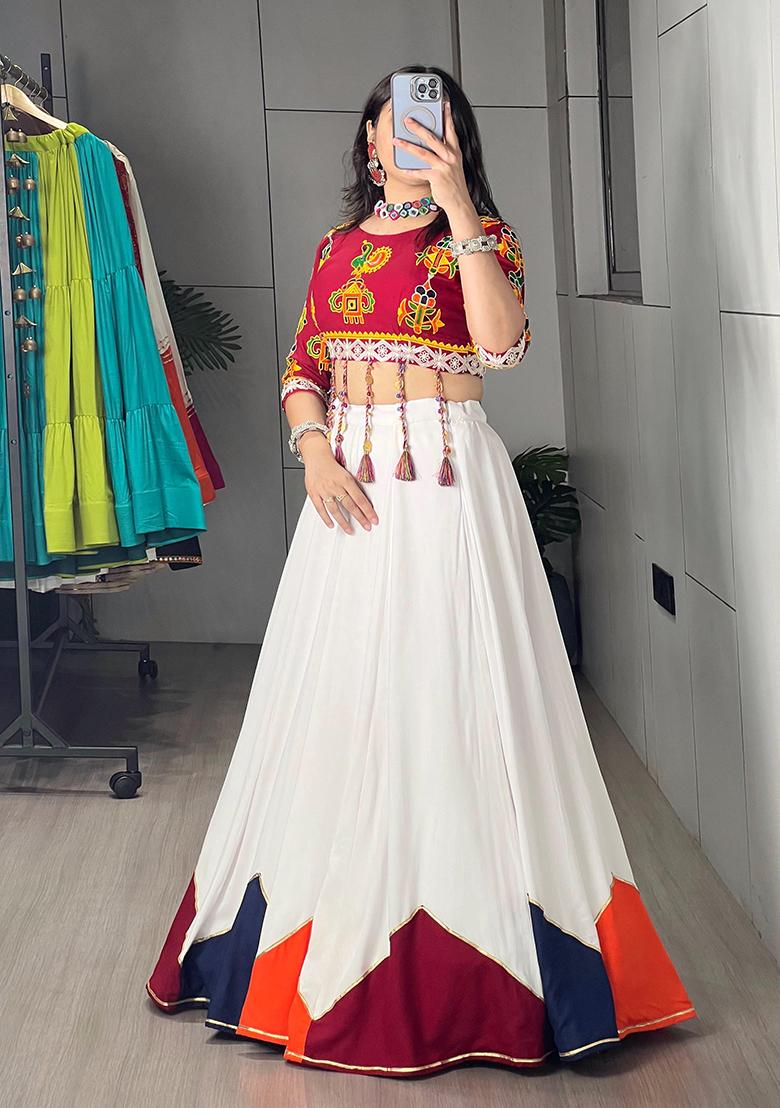 White Plain Cotton Lehenga Choli - Indya