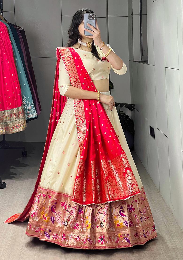 Red Zari Work Silk Lehenga Choli - Indya