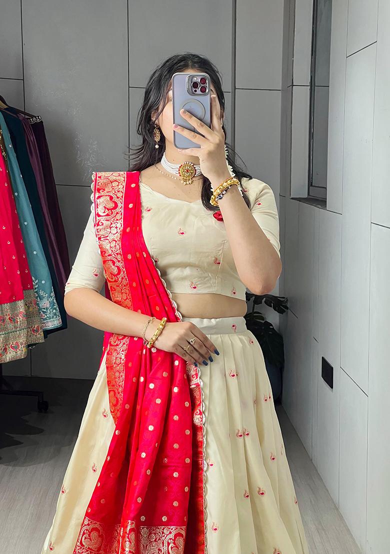 Red Zari Work Silk Lehenga Choli - Indya