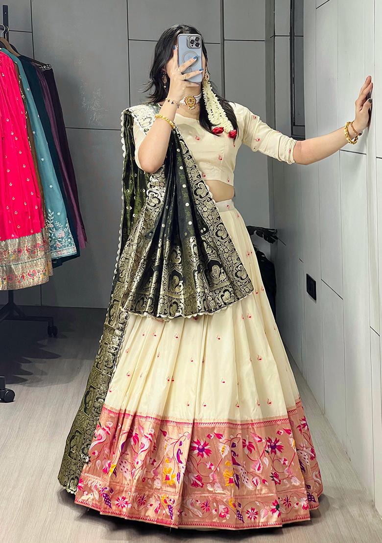 Green Zari Work Silk Lehenga Choli - Indya