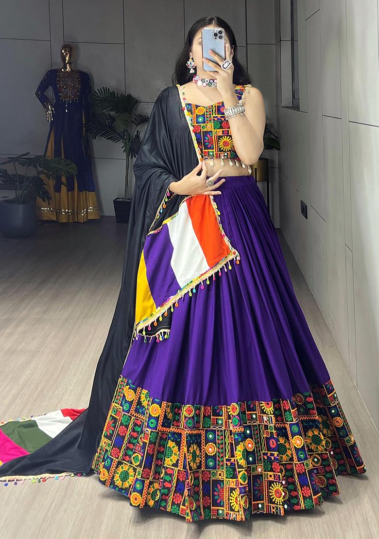 Purple Mirror Work Cotton Lehenga Choli - Indya