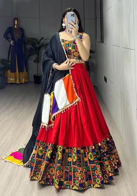 Red Mirror Work Cotton Lehenga Choli