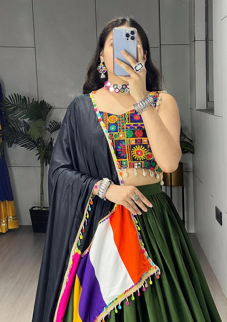 Mehendi Mirror Work Cotton Lehenga Choli - Indya