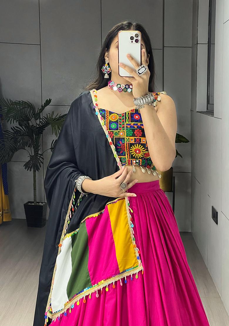 Rani Pink Mirror Work Cotton Lehenga Choli - Indya