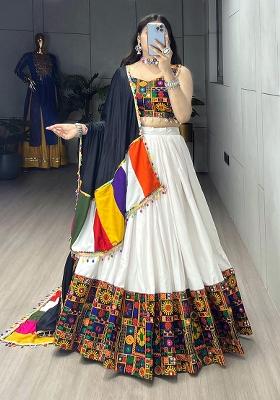 White Mirror Work Cotton Lehenga Choli