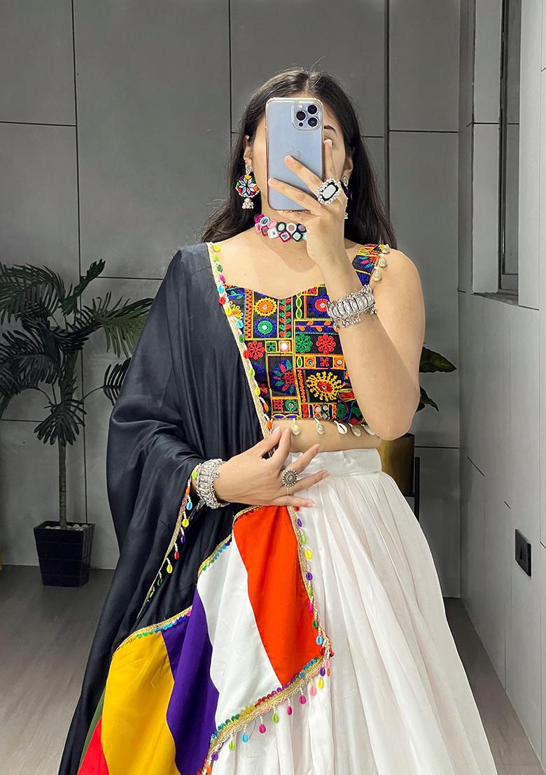 White Mirror Work Cotton Lehenga Choli - Indya