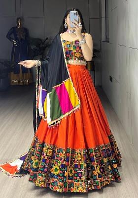 Orange Mirror Work Cotton Lehenga Choli