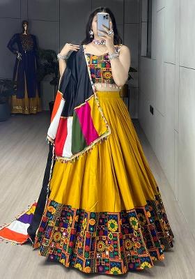 Mustard Mirror Work Cotton Lehenga Choli
