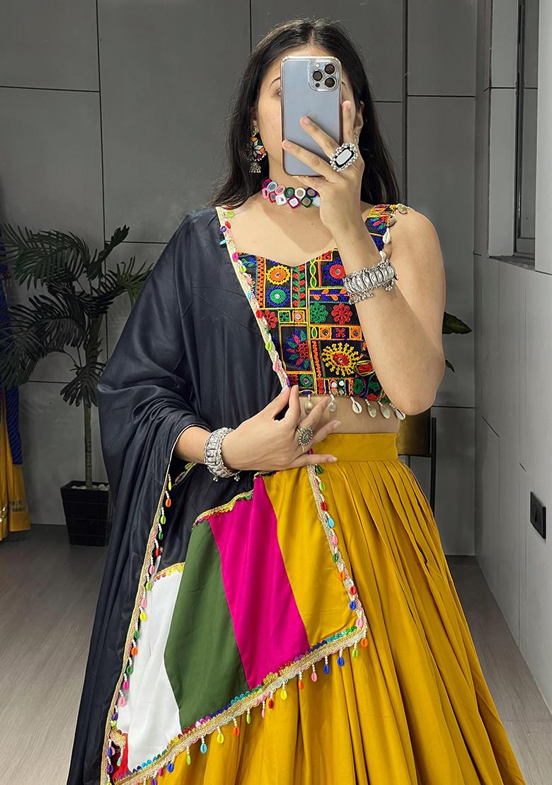 Mustard Mirror Work Cotton Lehenga Choli - Indya