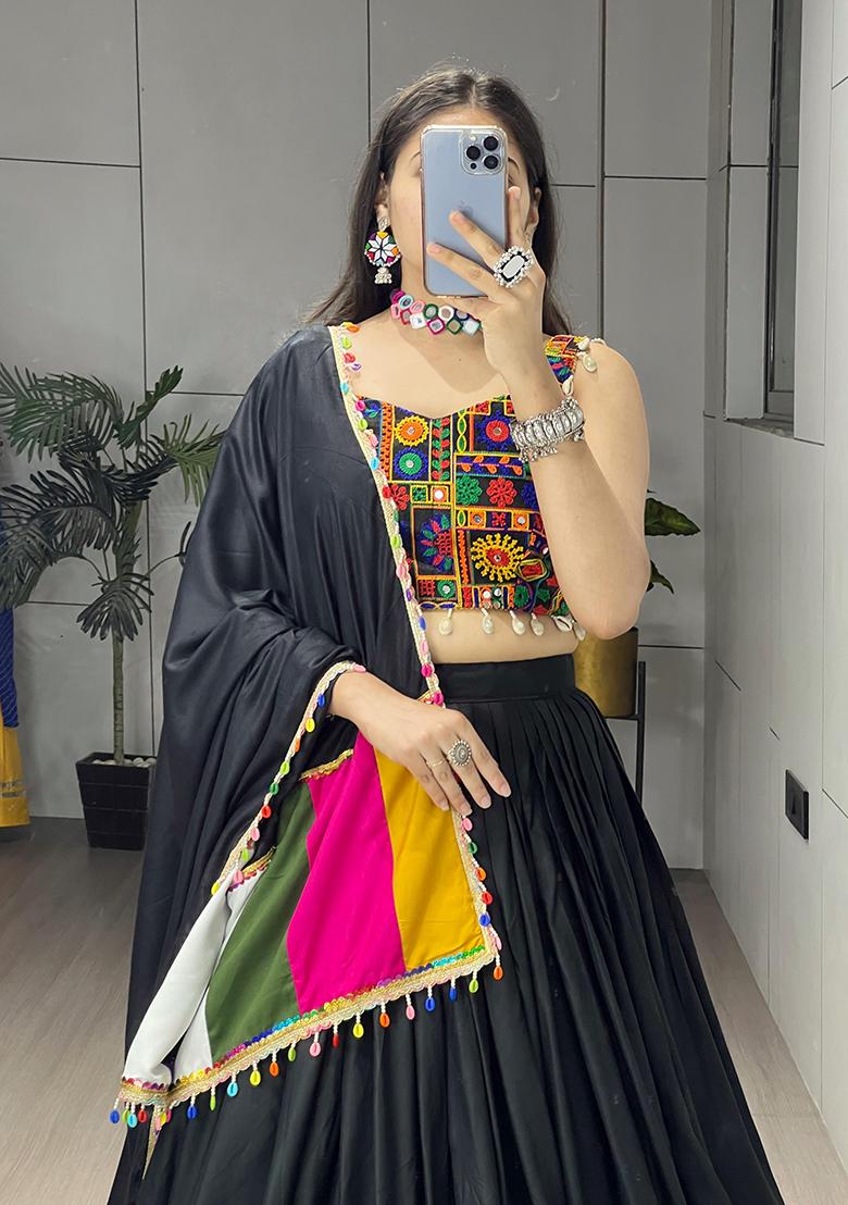 Black Mirror Work Cotton Lehenga Choli - Indya