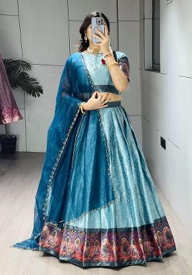 Sky Blue Zari Work Silk Lehenga Choli