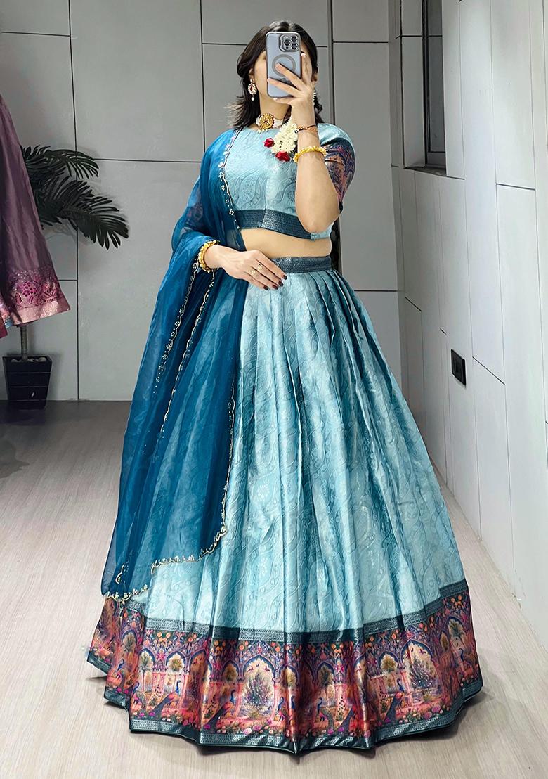 Sky Blue Zari Work Silk Lehenga Choli - Indya