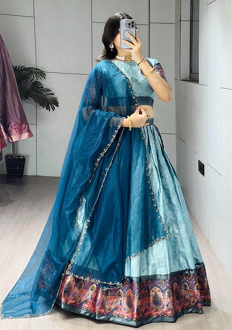 Sky Blue Zari Work Silk Lehenga Choli - Indya