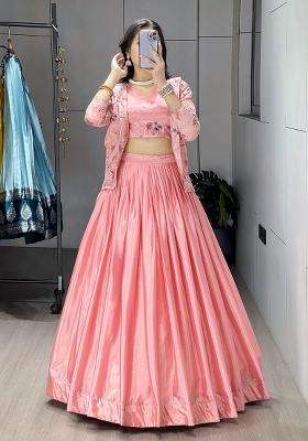 Peach Plain Chinon Lehenga Choli