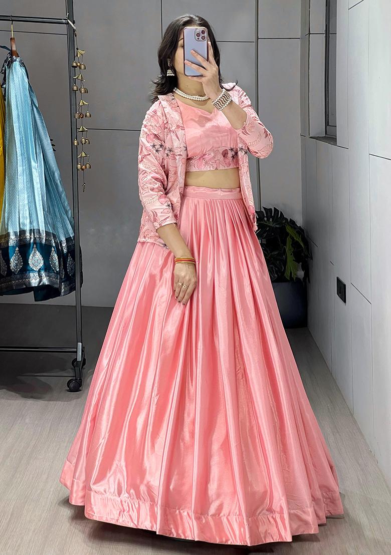 Peach Plain Chinon Lehenga Choli - Indya