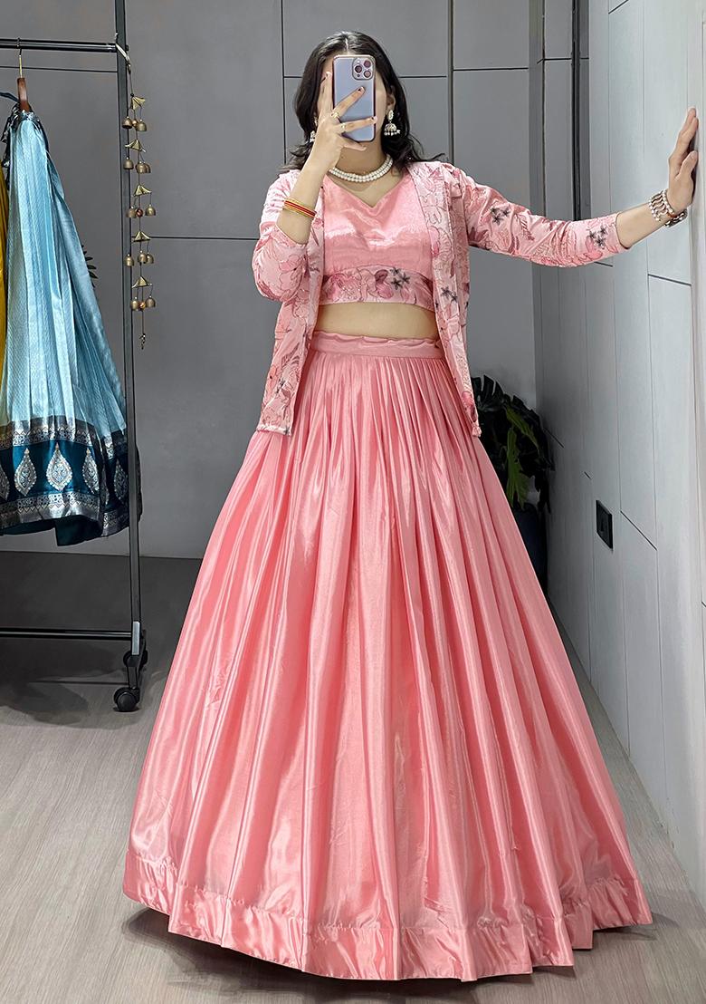 Peach Plain Chinon Lehenga Choli - Indya