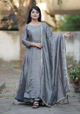 Grey Plain Gold Crush Lehenga Choli