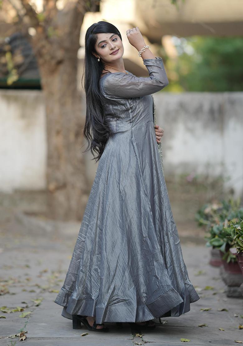 Grey Plain Gold Crush Lehenga Choli - Indya