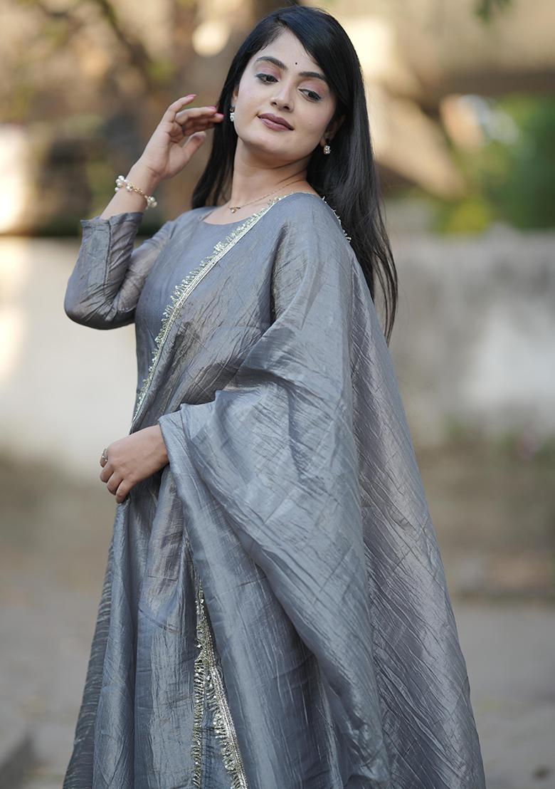 Grey Plain Gold Crush Lehenga Choli - Indya
