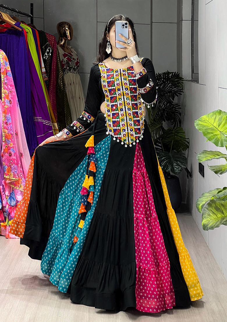 Black Printed Cotton Lehenga Choli - Indya