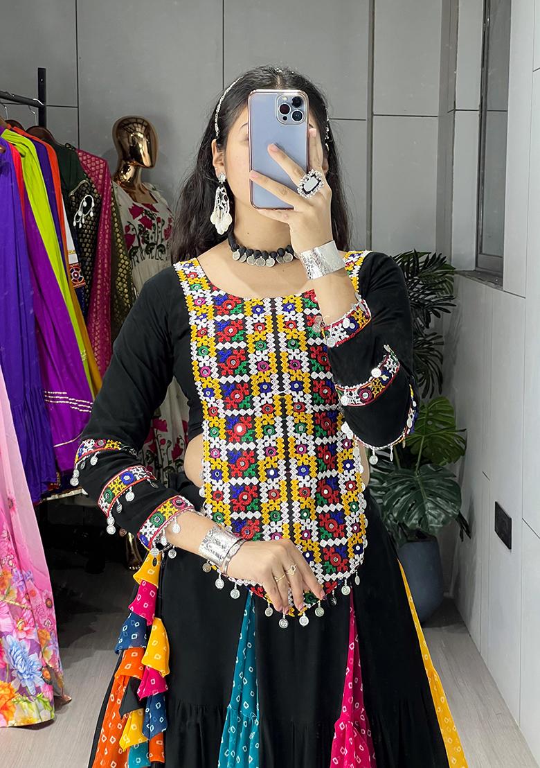 Black Printed Cotton Lehenga Choli - Indya