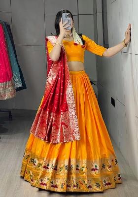 Yellow Floral Print Silk Lehenga Choli