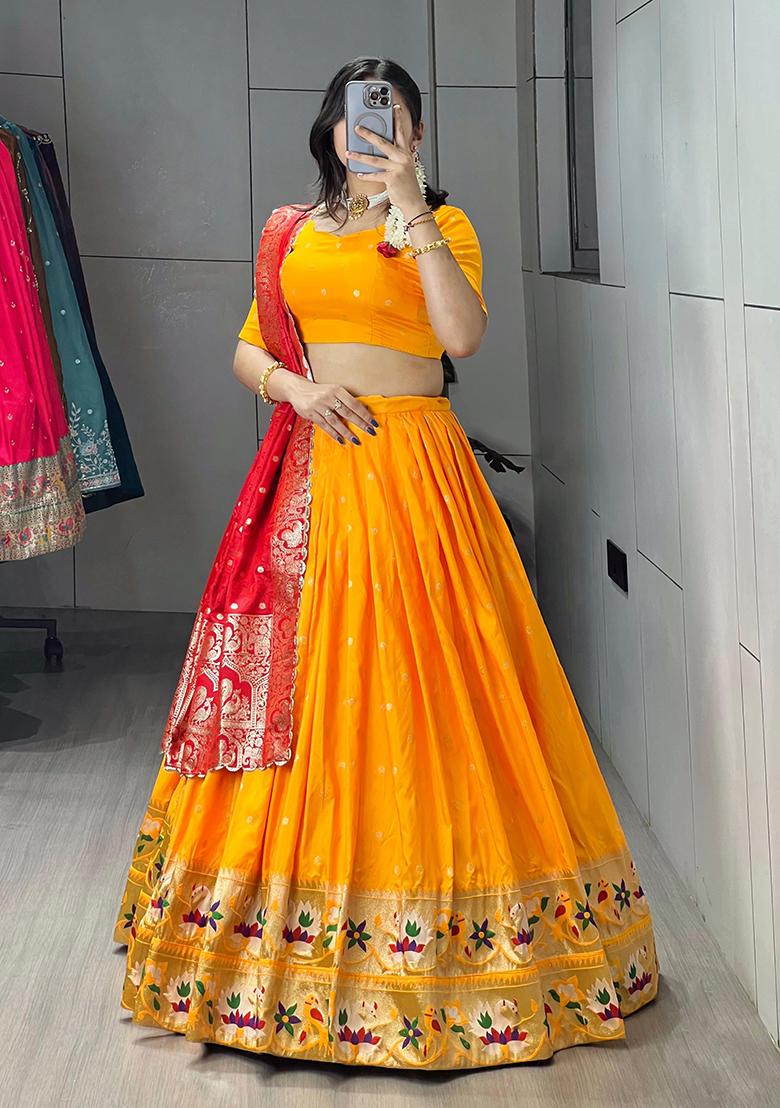 Yellow Floral Print Silk Lehenga Choli - Indya