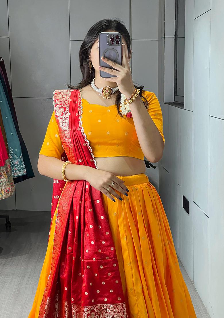 Yellow Floral Print Silk Lehenga Choli - Indya