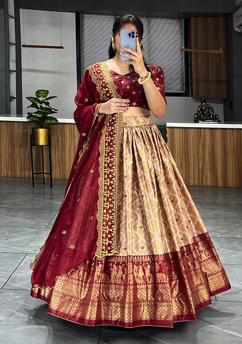 Maroon Printed Silk Lehenga Choli - Indya