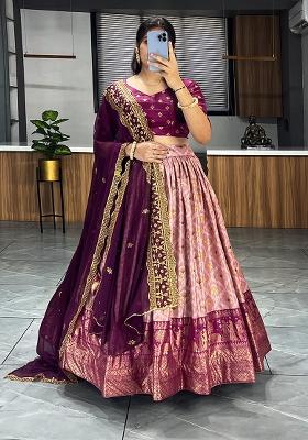 Wine Printed Silk Lehenga Choli