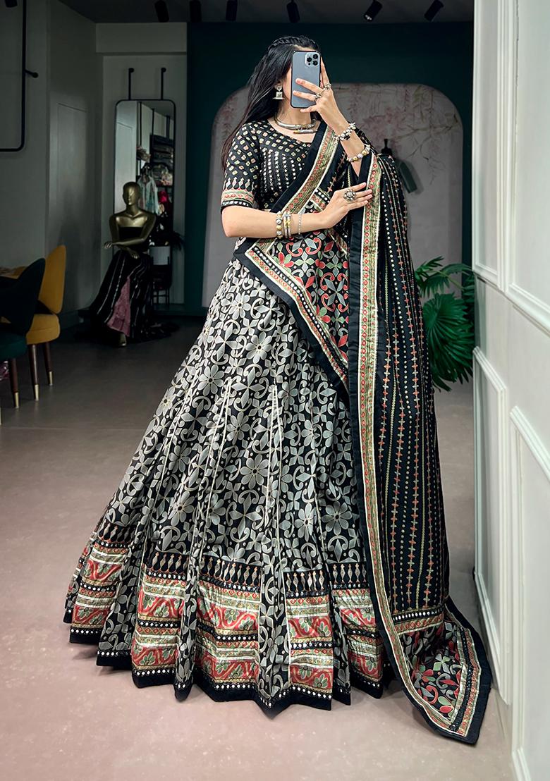 Black Gota Lace Work Silk Lehenga Choli - Indya