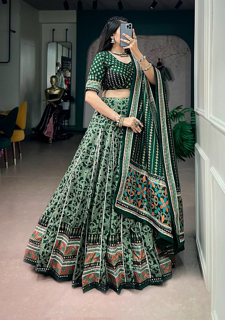 Green Gota Lace Work Silk Lehenga Choli - Indya