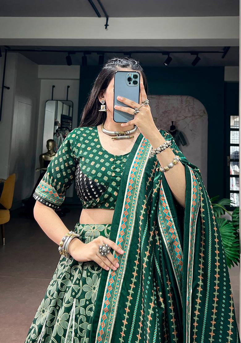 Green Gota Lace Work Silk Lehenga Choli - Indya