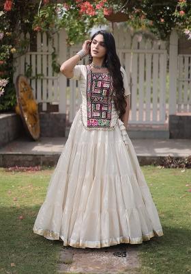 White Kutchi Patchework Cotton Lehenga Choli